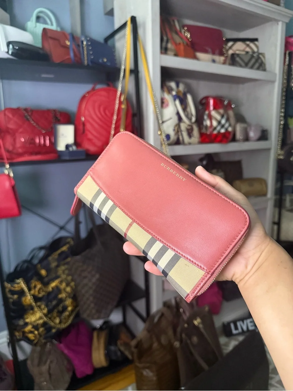 Burberry Pink Leather & Vintage Check Zip Wallet